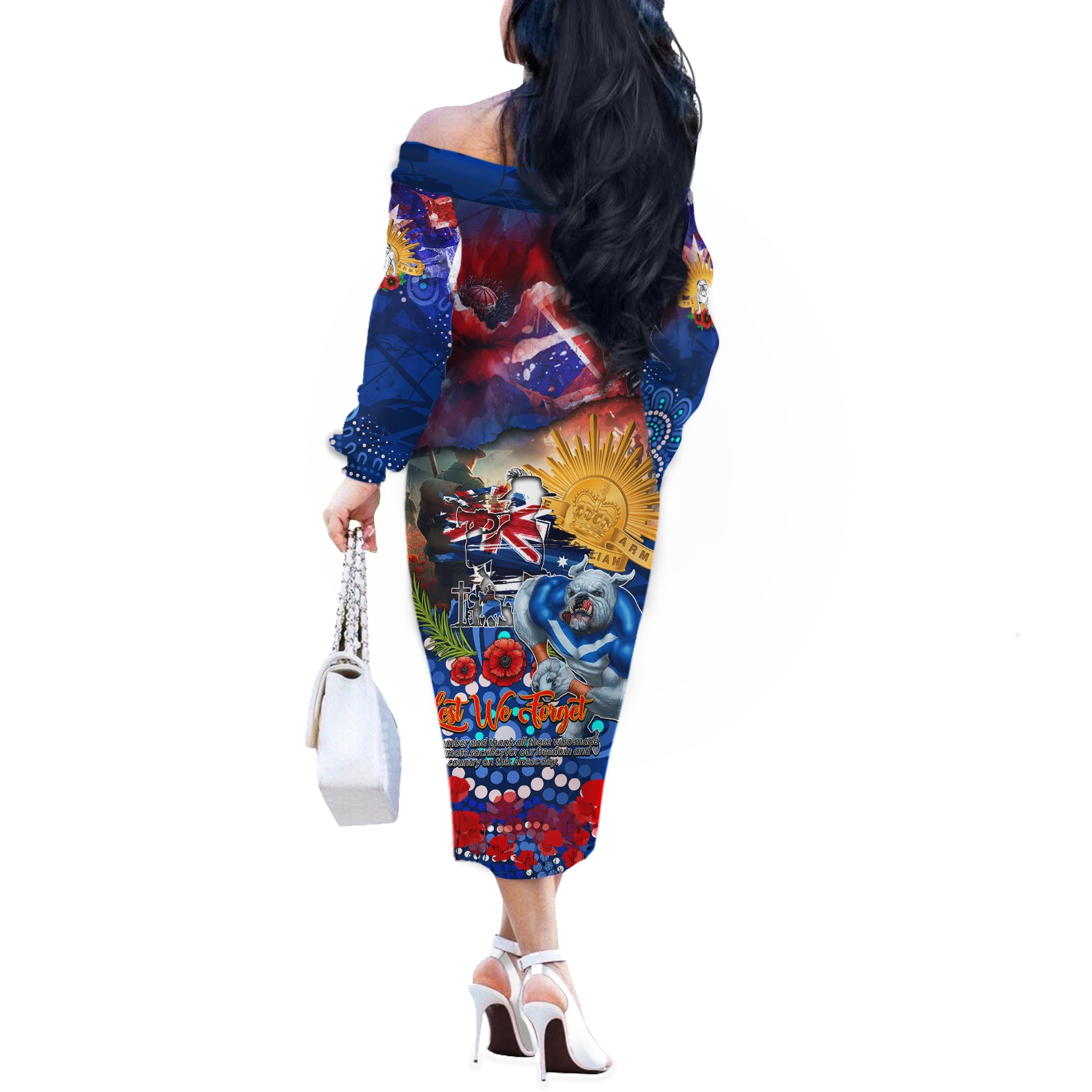 Personalised Australia Rugby Bulldogs ANZAC Off The Shoulder Long Sleeve Dress Canterbury-Bankstown Scratch Style