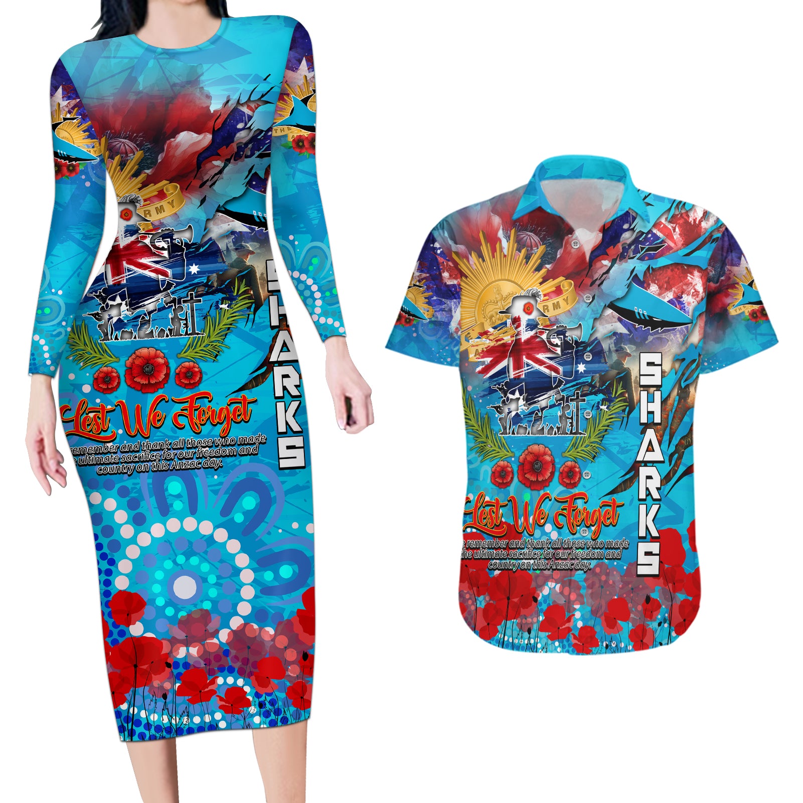 Personalised Australia Rugby Sharks ANZAC Couples Matching Long Sleeve Bodycon Dress and Hawaiian Shirt Cronulla-Sutherland Scratch Style