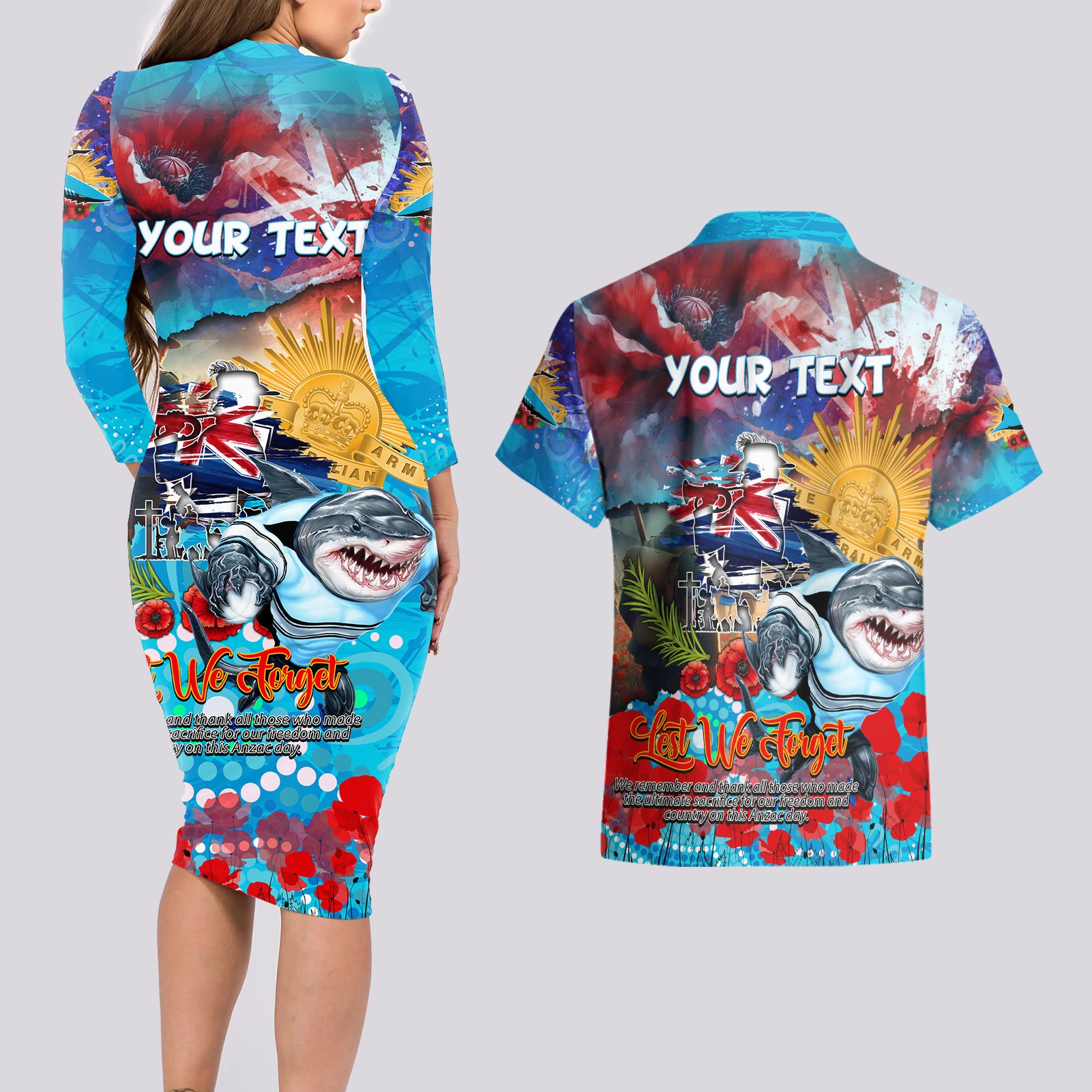 Personalised Australia Rugby Sharks ANZAC Couples Matching Long Sleeve Bodycon Dress and Hawaiian Shirt Cronulla-Sutherland Scratch Style