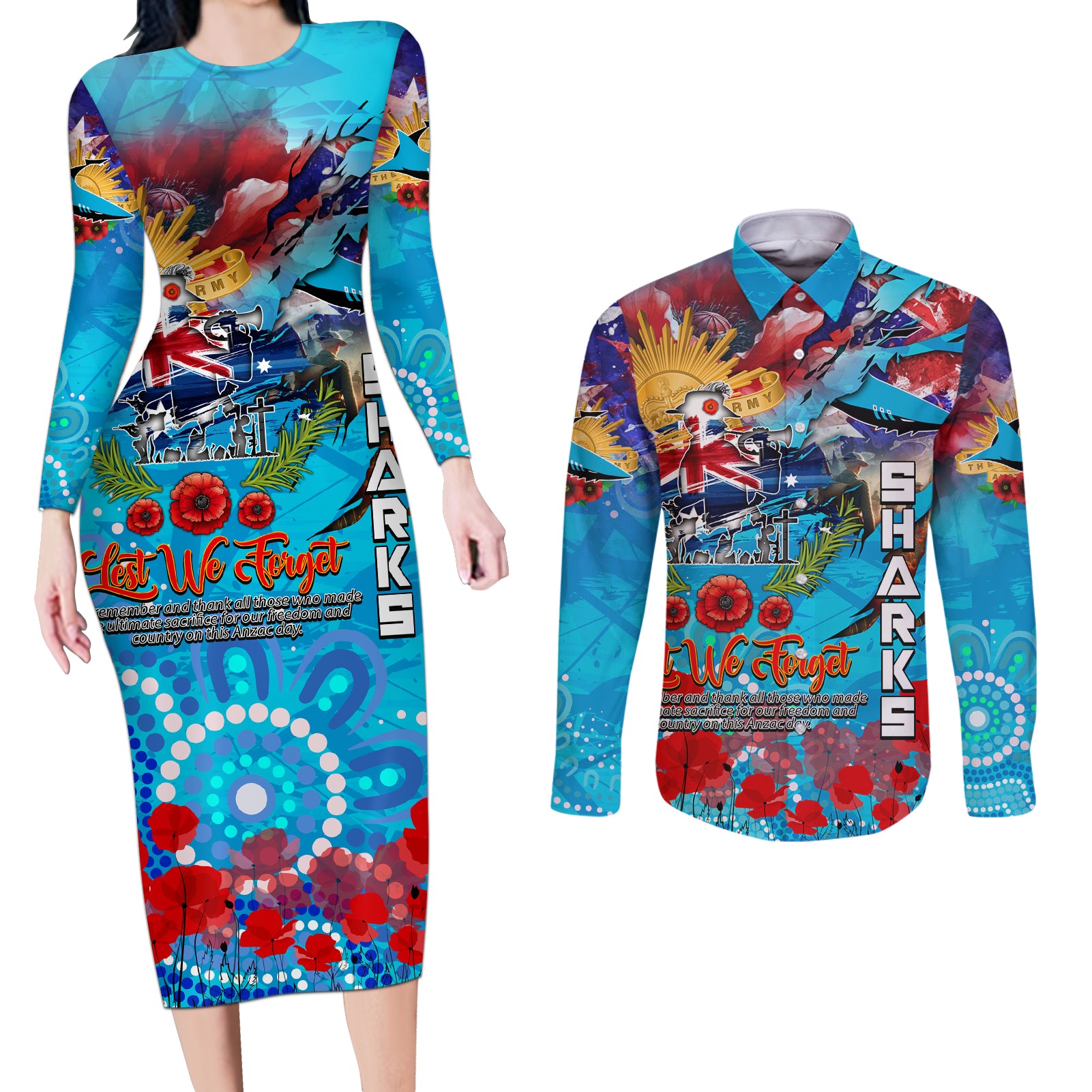 Personalised Australia Rugby Sharks ANZAC Couples Matching Long Sleeve Bodycon Dress and Long Sleeve Button Shirt Cronulla-Sutherland Scratch Style