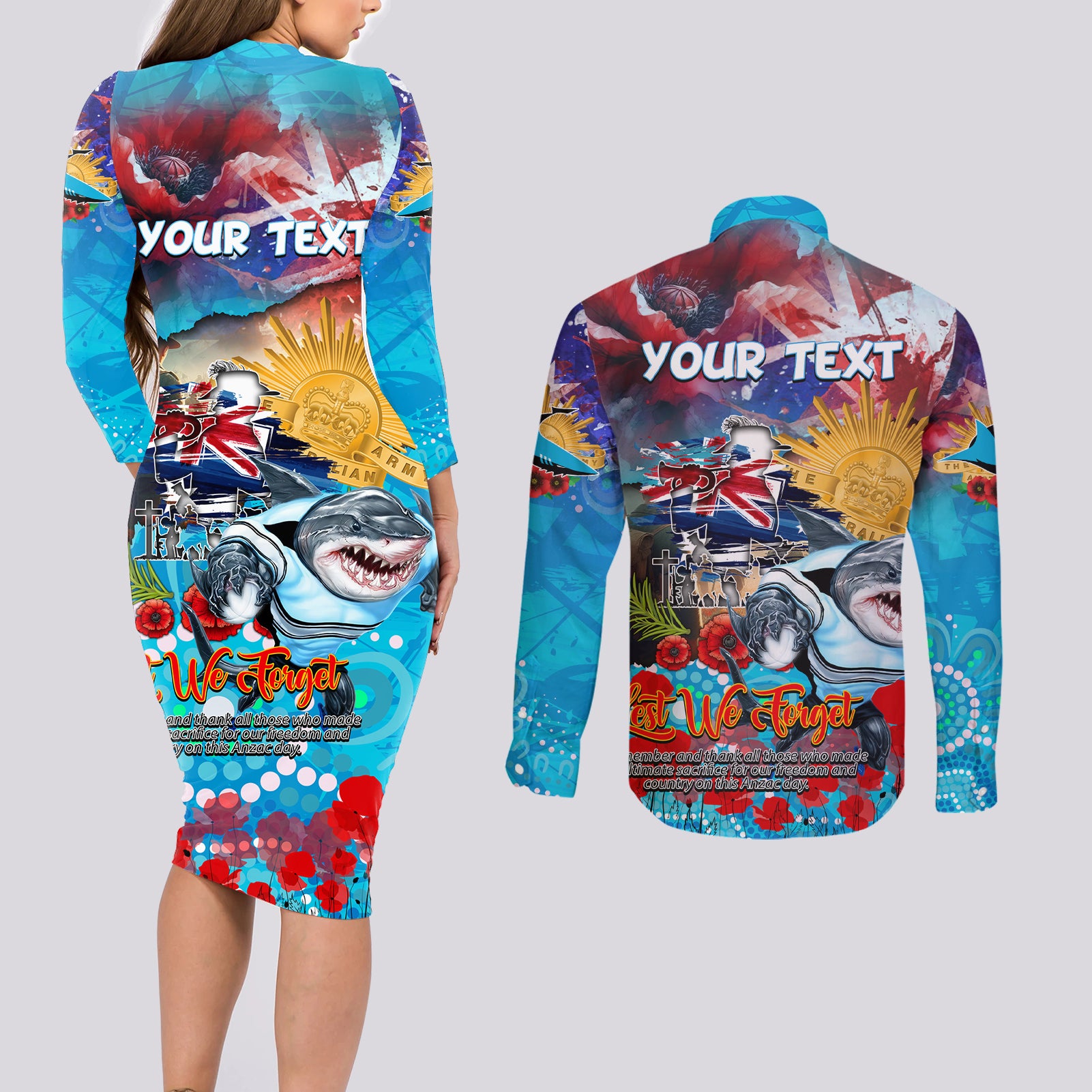 Personalised Australia Rugby Sharks ANZAC Couples Matching Long Sleeve Bodycon Dress and Long Sleeve Button Shirt Cronulla-Sutherland Scratch Style