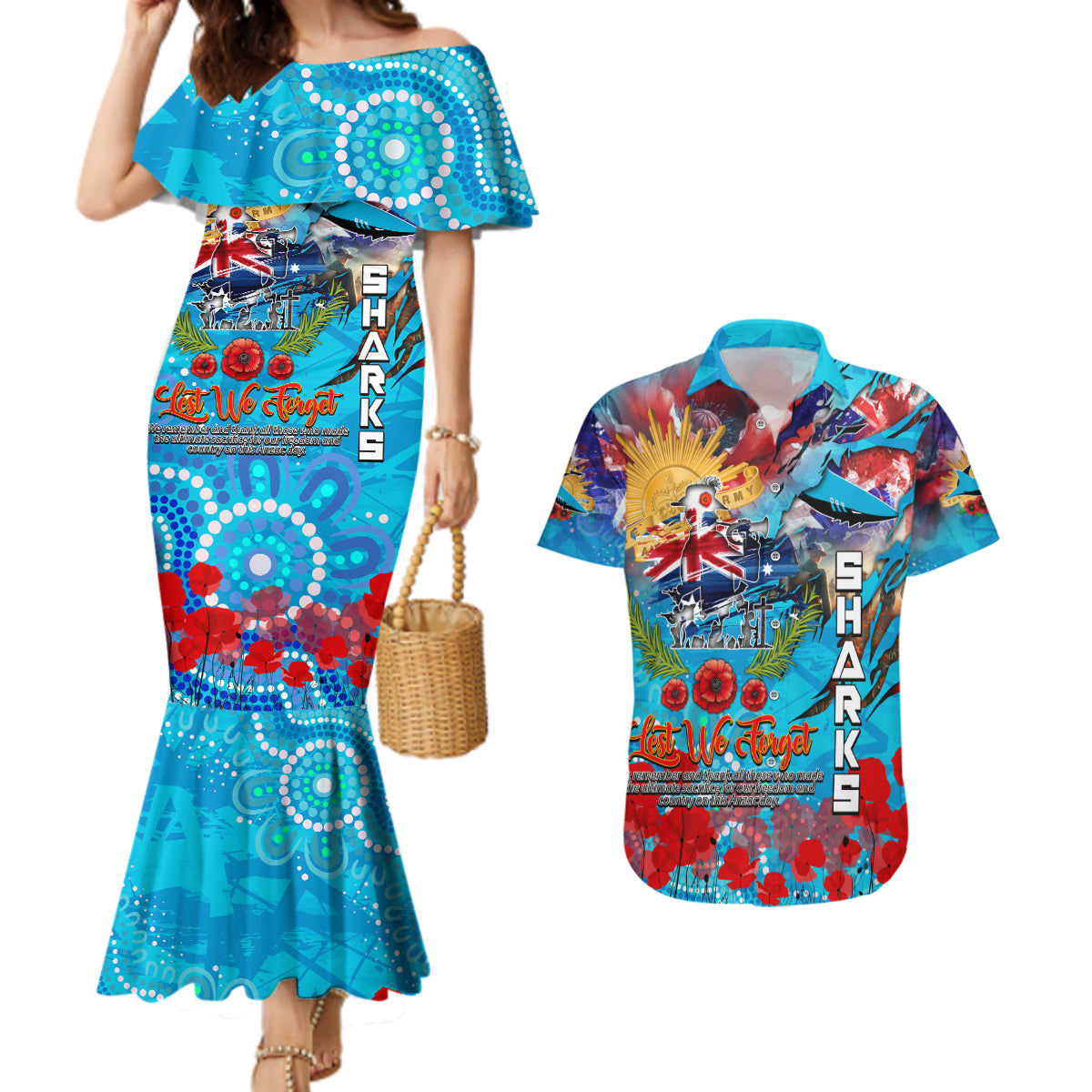 Personalised Australia Rugby Sharks ANZAC Couples Matching Mermaid Dress and Hawaiian Shirt Cronulla-Sutherland Scratch Style