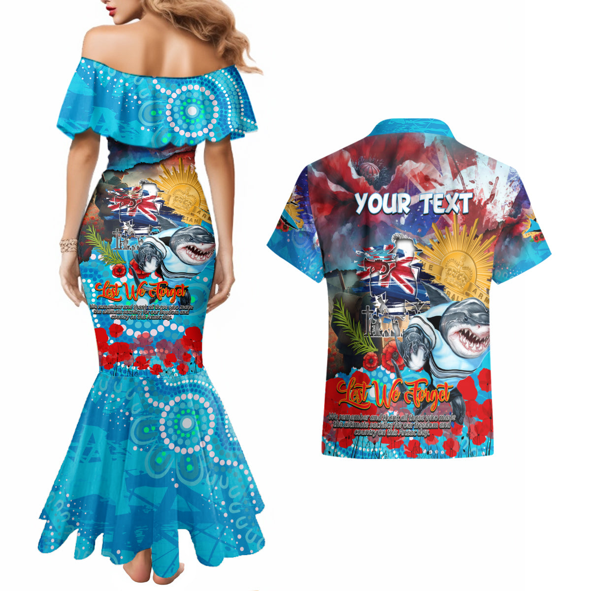 Personalised Australia Rugby Sharks ANZAC Couples Matching Mermaid Dress and Hawaiian Shirt Cronulla-Sutherland Scratch Style
