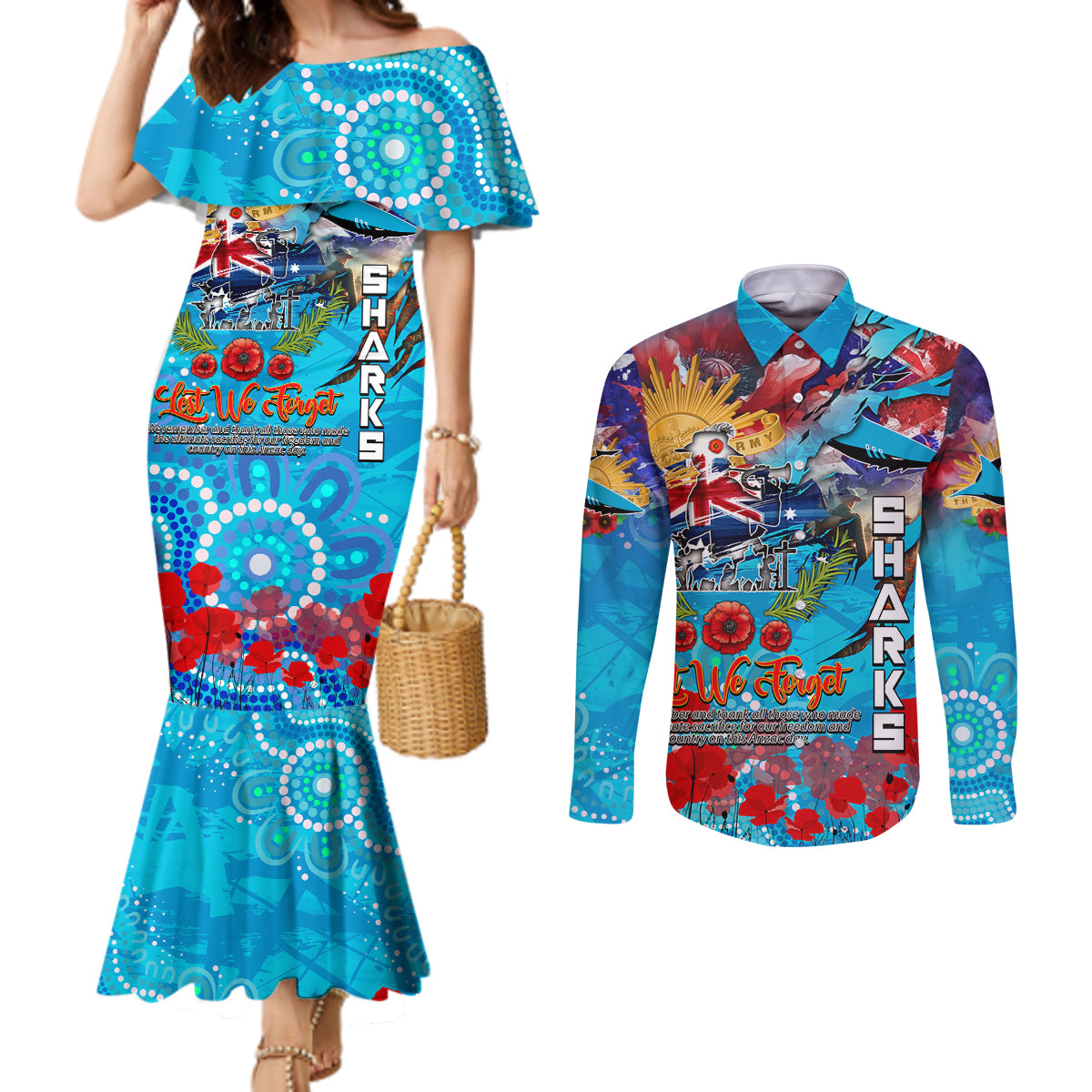 Personalised Australia Rugby Sharks ANZAC Couples Matching Mermaid Dress and Long Sleeve Button Shirt Cronulla-Sutherland Scratch Style