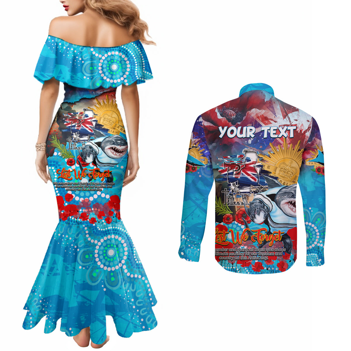 Personalised Australia Rugby Sharks ANZAC Couples Matching Mermaid Dress and Long Sleeve Button Shirt Cronulla-Sutherland Scratch Style