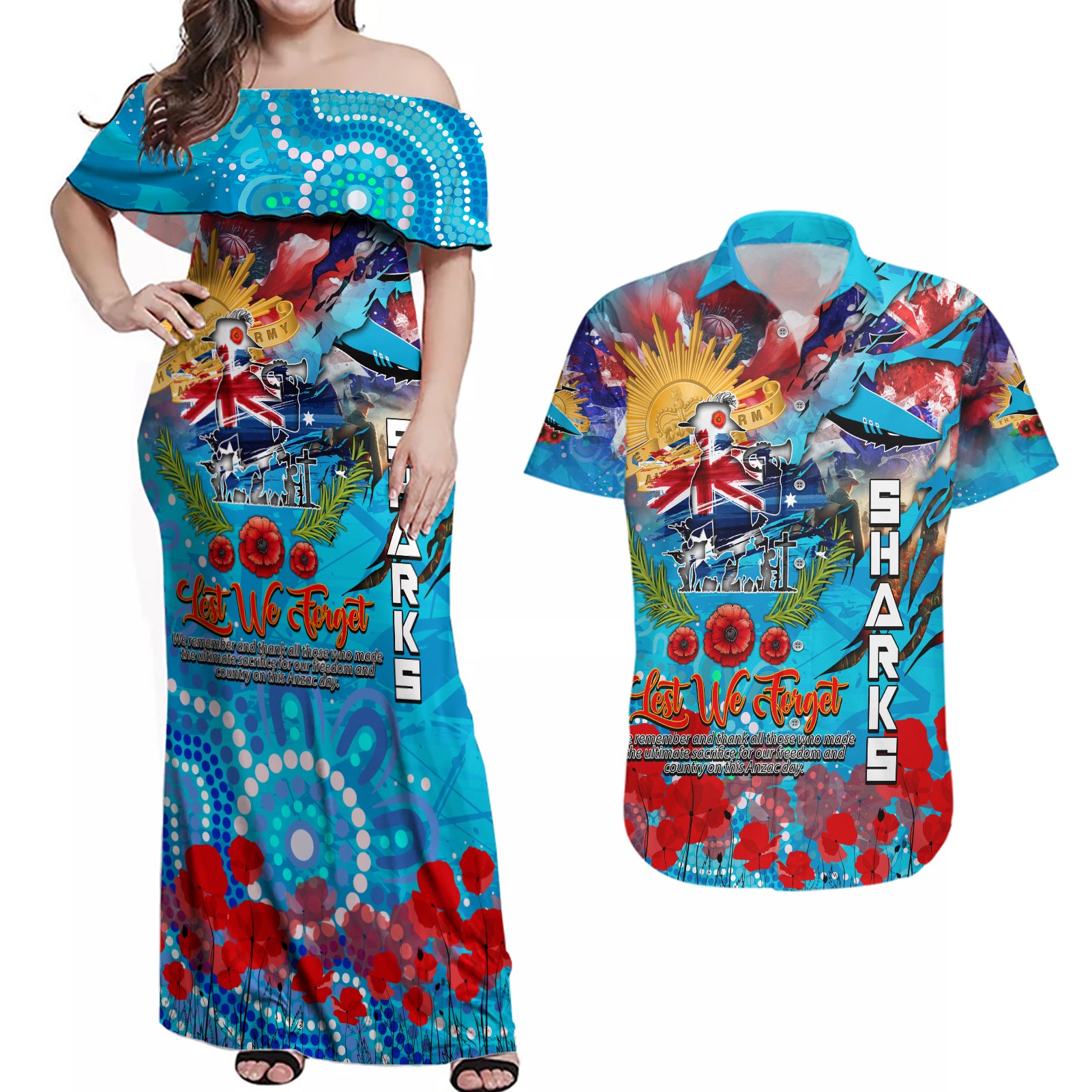 Personalised Australia Rugby Sharks ANZAC Couples Matching Off Shoulder Maxi Dress and Hawaiian Shirt Cronulla-Sutherland Scratch Style