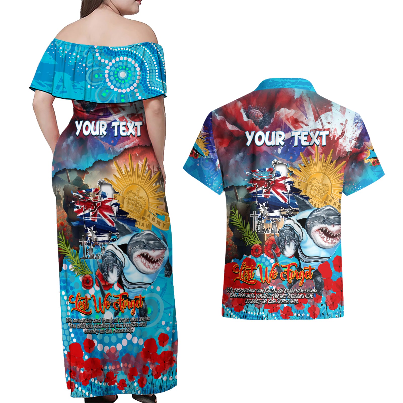 Personalised Australia Rugby Sharks ANZAC Couples Matching Off Shoulder Maxi Dress and Hawaiian Shirt Cronulla-Sutherland Scratch Style