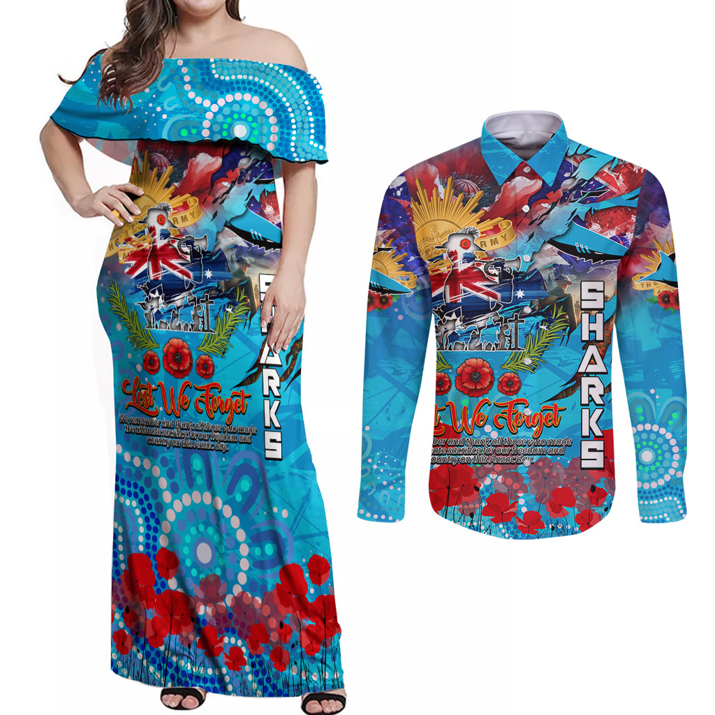 Personalised Australia Rugby Sharks ANZAC Couples Matching Off Shoulder Maxi Dress and Long Sleeve Button Shirt Cronulla-Sutherland Scratch Style