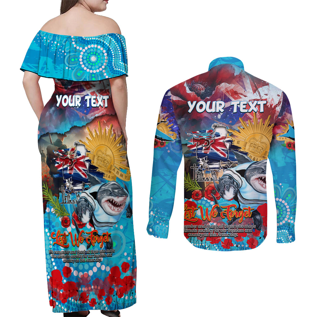 Personalised Australia Rugby Sharks ANZAC Couples Matching Off Shoulder Maxi Dress and Long Sleeve Button Shirt Cronulla-Sutherland Scratch Style