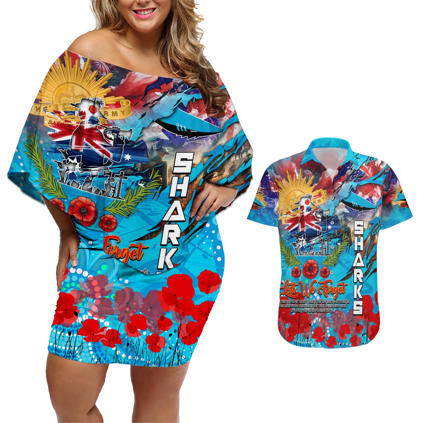 Personalised Australia Rugby Sharks ANZAC Couples Matching Off Shoulder Short Dress and Hawaiian Shirt Cronulla-Sutherland Scratch Style