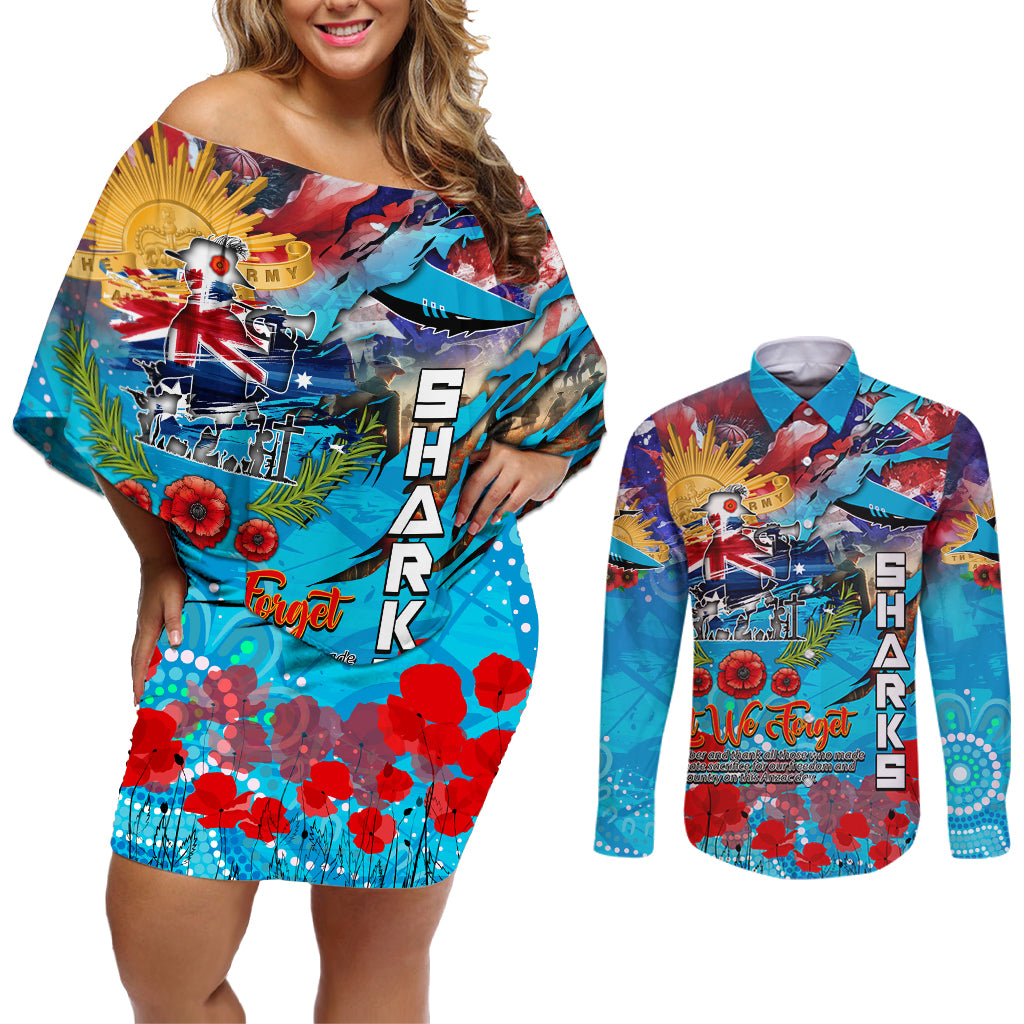 Personalised Australia Rugby Sharks ANZAC Couples Matching Off Shoulder Short Dress and Long Sleeve Button Shirt Cronulla-Sutherland Scratch Style