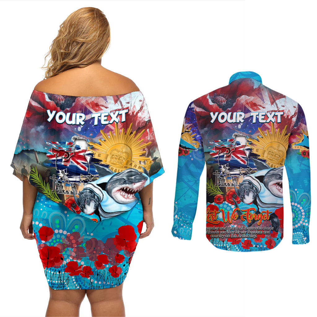 Personalised Australia Rugby Sharks ANZAC Couples Matching Off Shoulder Short Dress and Long Sleeve Button Shirt Cronulla-Sutherland Scratch Style