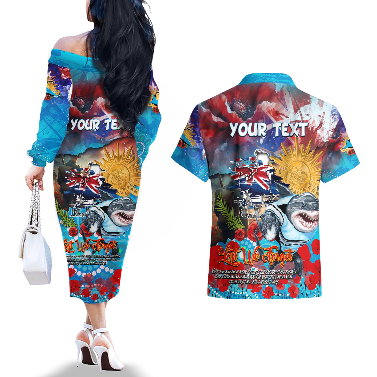 Personalised Australia Rugby Sharks ANZAC Couples Matching Off The Shoulder Long Sleeve Dress and Hawaiian Shirt Cronulla-Sutherland Scratch Style