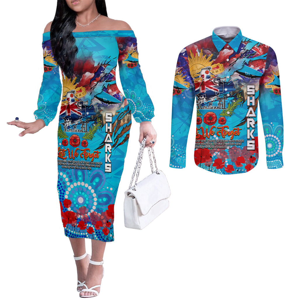 Personalised Australia Rugby Sharks ANZAC Couples Matching Off The Shoulder Long Sleeve Dress and Long Sleeve Button Shirt Cronulla-Sutherland Scratch Style