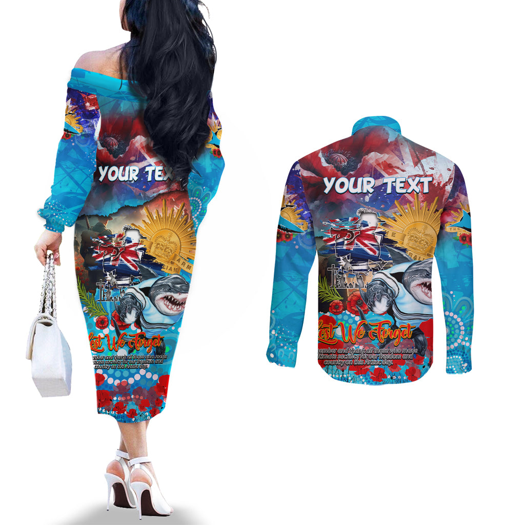 Personalised Australia Rugby Sharks ANZAC Couples Matching Off The Shoulder Long Sleeve Dress and Long Sleeve Button Shirt Cronulla-Sutherland Scratch Style