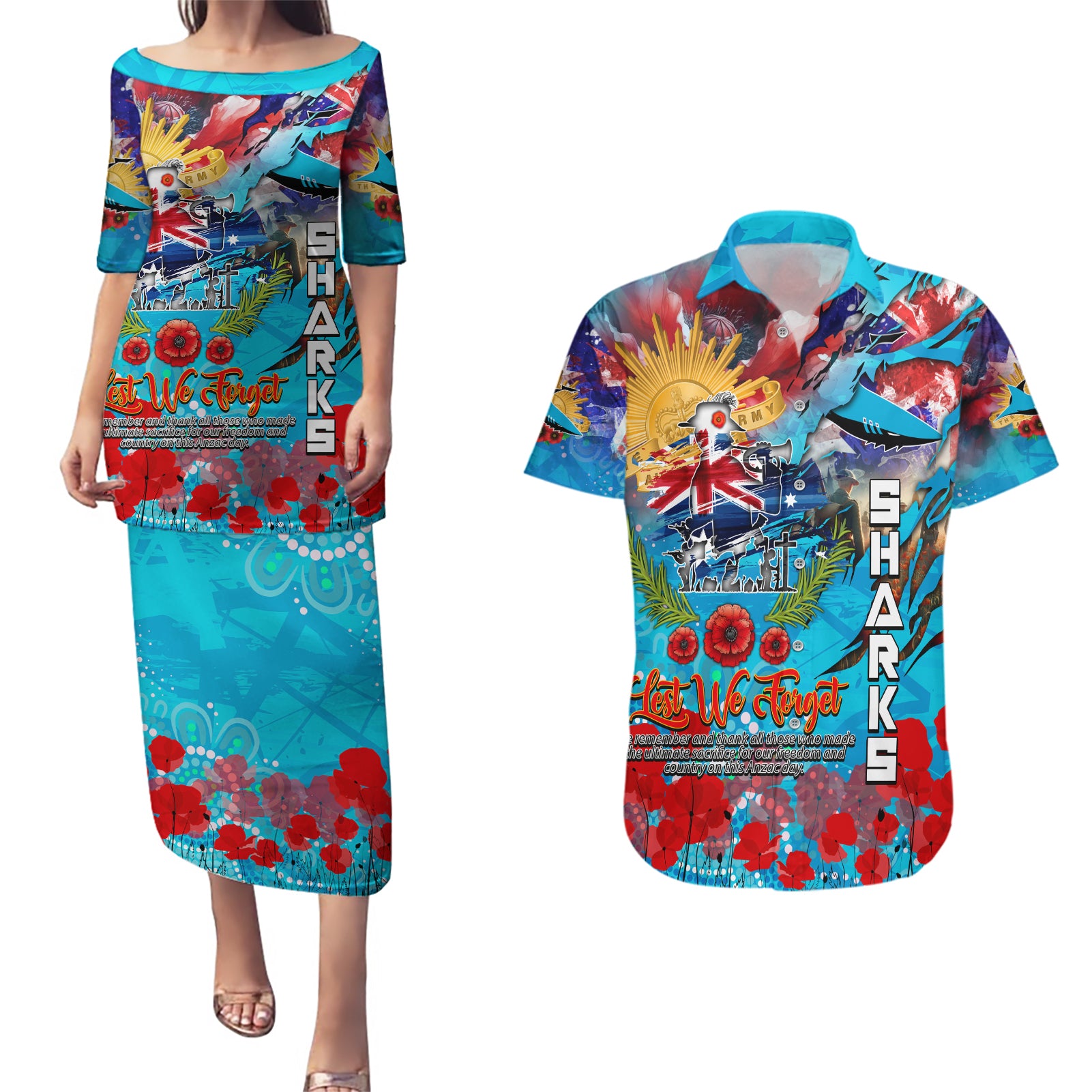 Personalised Australia Rugby Sharks ANZAC Couples Matching Puletasi and Hawaiian Shirt Cronulla-Sutherland Scratch Style