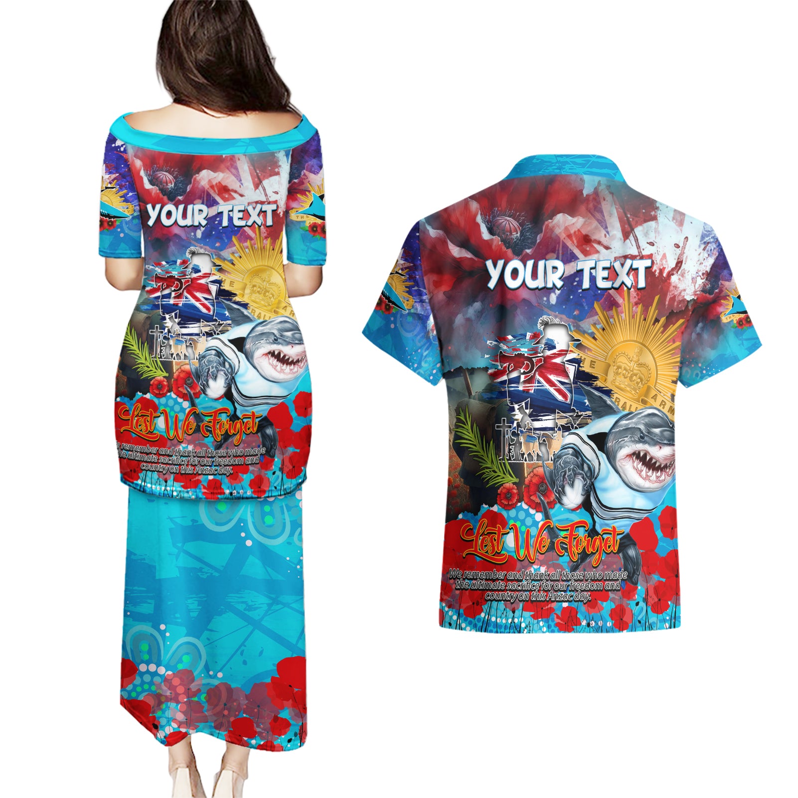 Personalised Australia Rugby Sharks ANZAC Couples Matching Puletasi and Hawaiian Shirt Cronulla-Sutherland Scratch Style