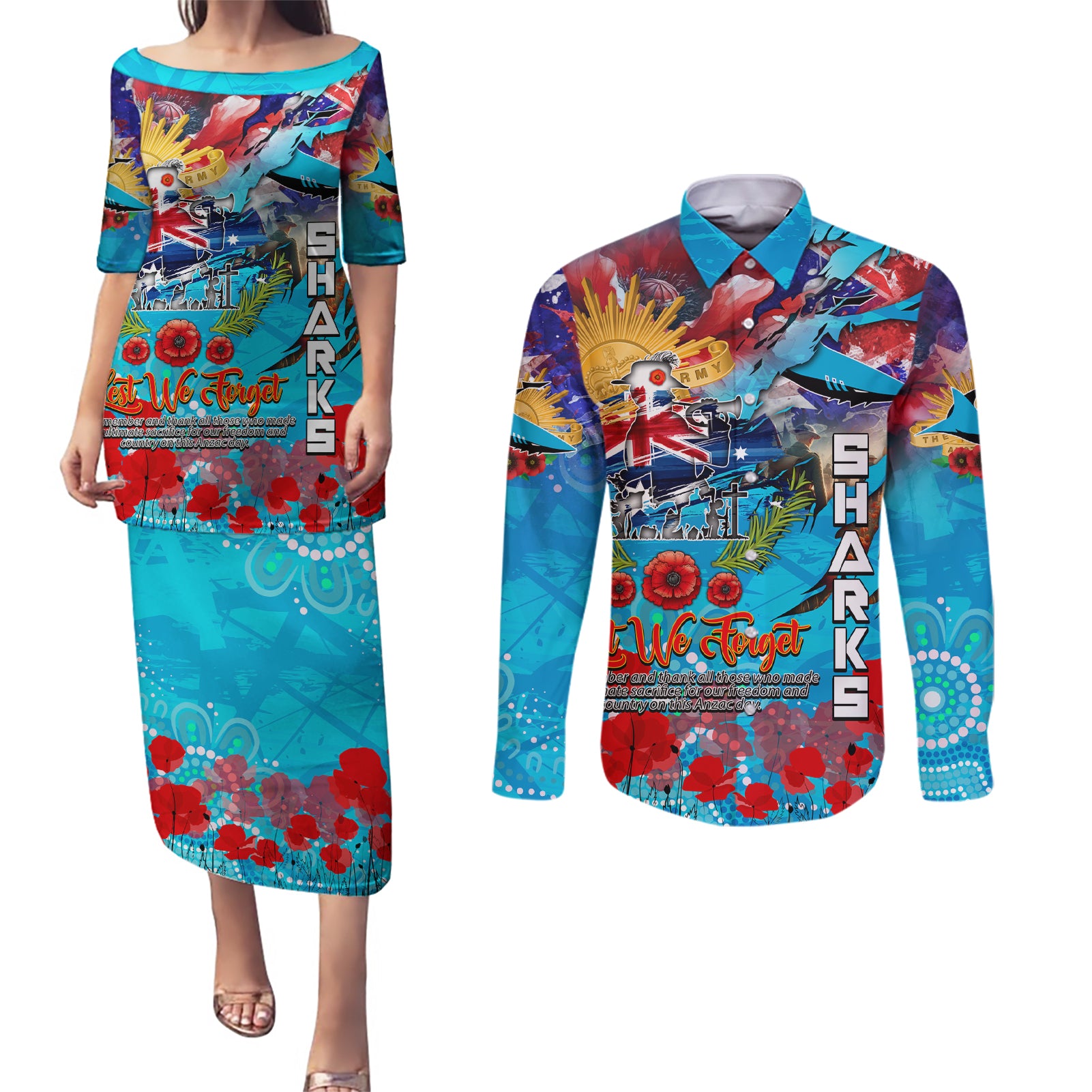 Personalised Australia Rugby Sharks ANZAC Couples Matching Puletasi and Long Sleeve Button Shirt Cronulla-Sutherland Scratch Style