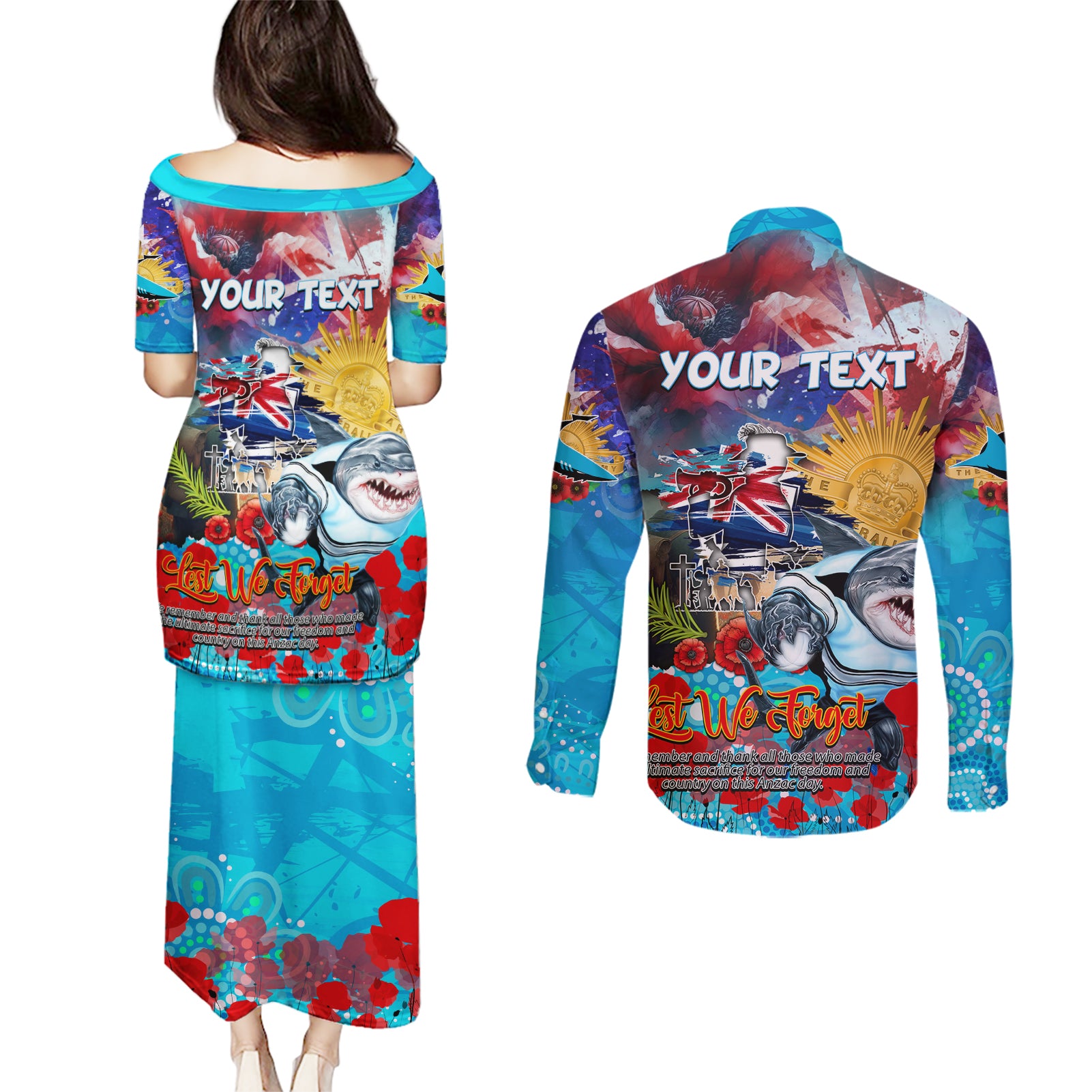 Personalised Australia Rugby Sharks ANZAC Couples Matching Puletasi and Long Sleeve Button Shirt Cronulla-Sutherland Scratch Style