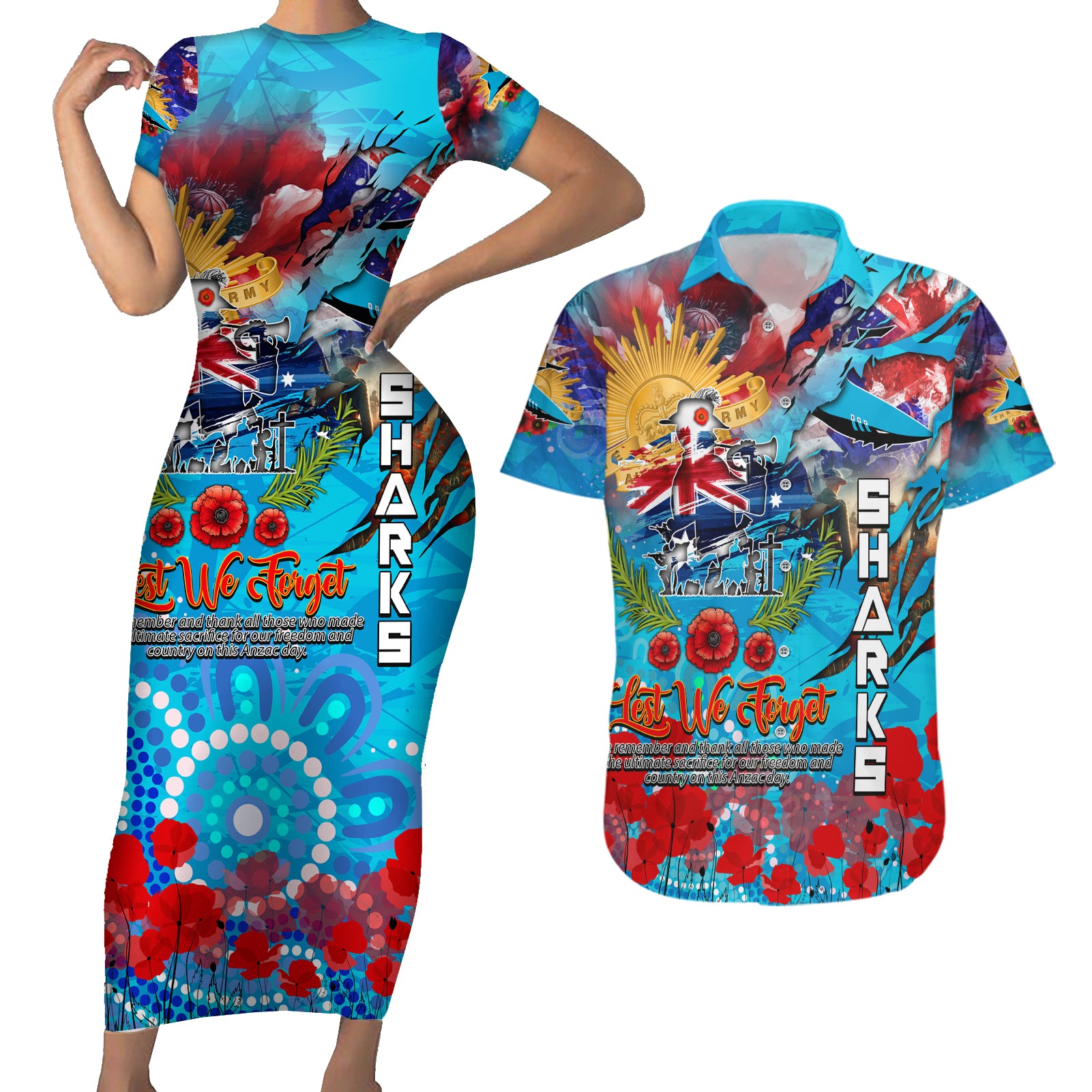 Personalised Australia Rugby Sharks ANZAC Couples Matching Short Sleeve Bodycon Dress and Hawaiian Shirt Cronulla-Sutherland Scratch Style
