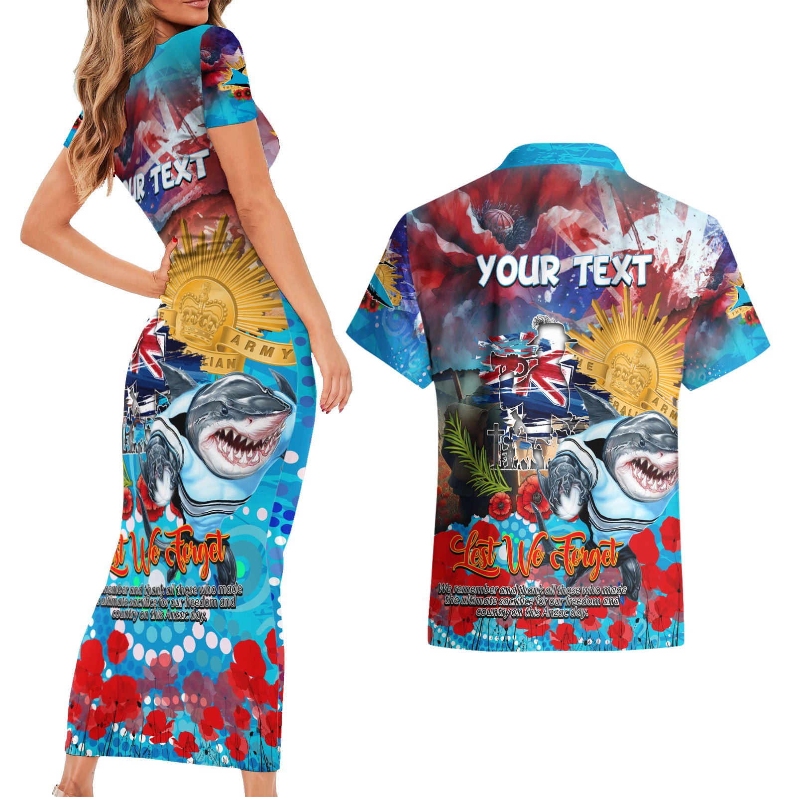 Personalised Australia Rugby Sharks ANZAC Couples Matching Short Sleeve Bodycon Dress and Hawaiian Shirt Cronulla-Sutherland Scratch Style