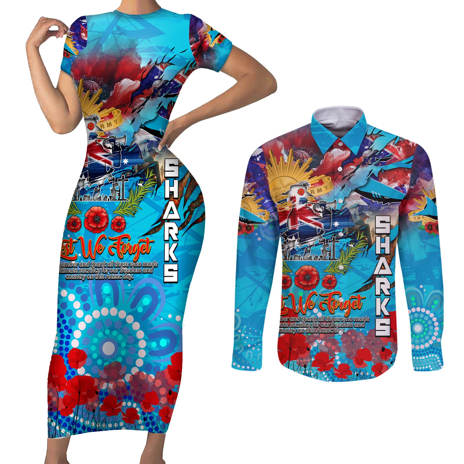 Personalised Australia Rugby Sharks ANZAC Couples Matching Short Sleeve Bodycon Dress and Long Sleeve Button Shirt Cronulla-Sutherland Scratch Style