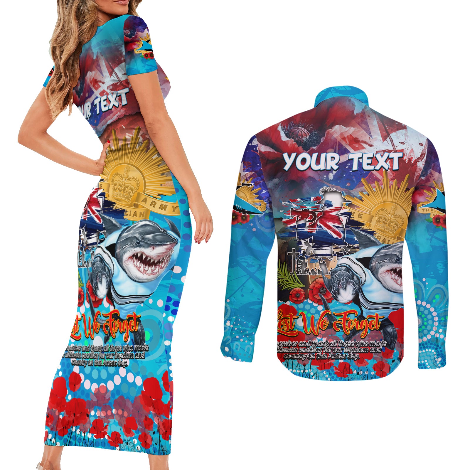 Personalised Australia Rugby Sharks ANZAC Couples Matching Short Sleeve Bodycon Dress and Long Sleeve Button Shirt Cronulla-Sutherland Scratch Style