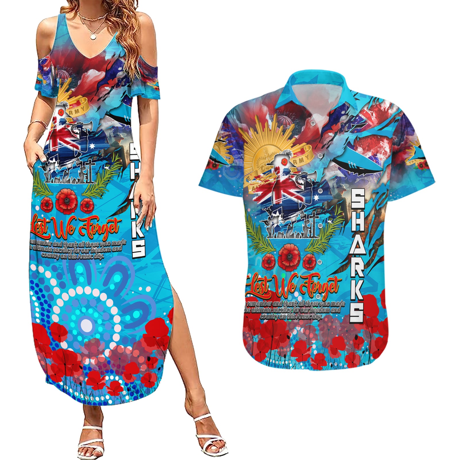 Personalised Australia Rugby Sharks ANZAC Couples Matching Summer Maxi Dress and Hawaiian Shirt Cronulla-Sutherland Scratch Style