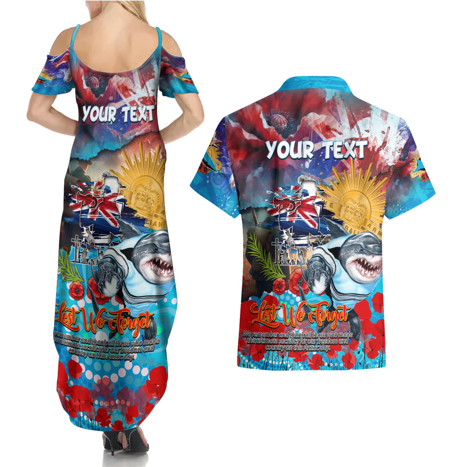 Personalised Australia Rugby Sharks ANZAC Couples Matching Summer Maxi Dress and Hawaiian Shirt Cronulla-Sutherland Scratch Style