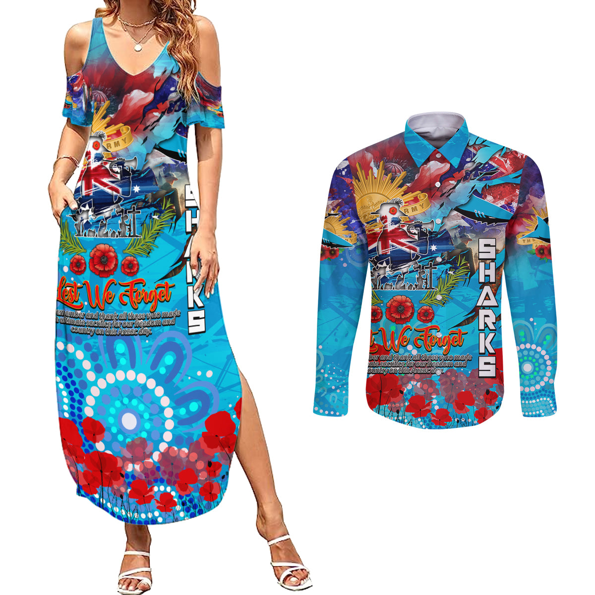 Personalised Australia Rugby Sharks ANZAC Couples Matching Summer Maxi Dress and Long Sleeve Button Shirt Cronulla-Sutherland Scratch Style