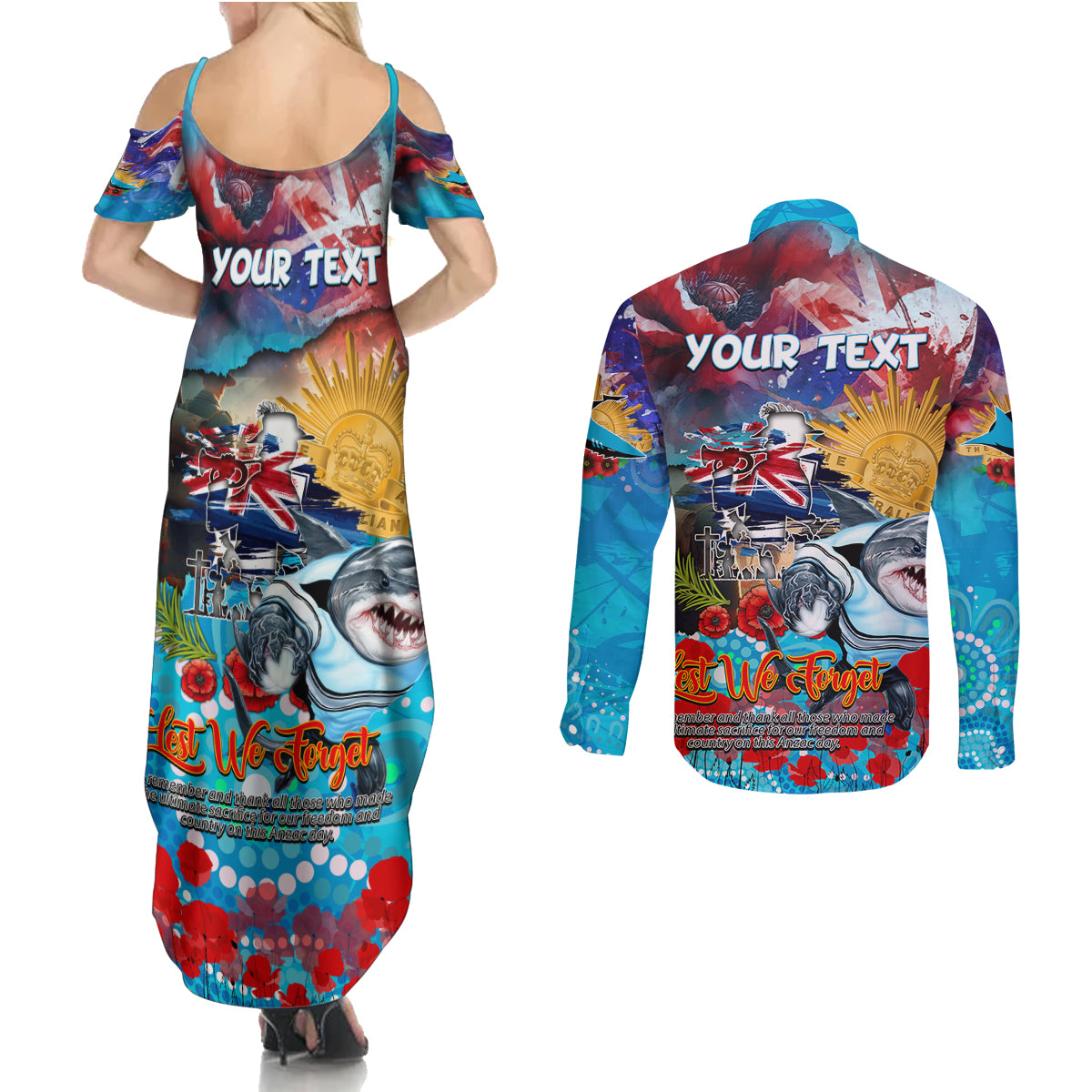 Personalised Australia Rugby Sharks ANZAC Couples Matching Summer Maxi Dress and Long Sleeve Button Shirt Cronulla-Sutherland Scratch Style