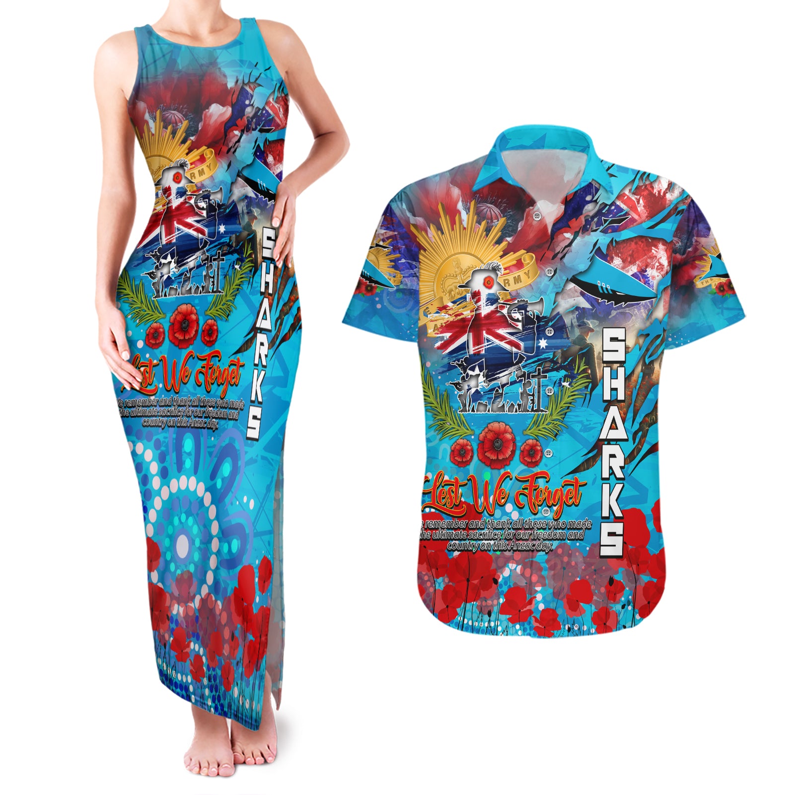 Personalised Australia Rugby Sharks ANZAC Couples Matching Tank Maxi Dress and Hawaiian Shirt Cronulla-Sutherland Scratch Style