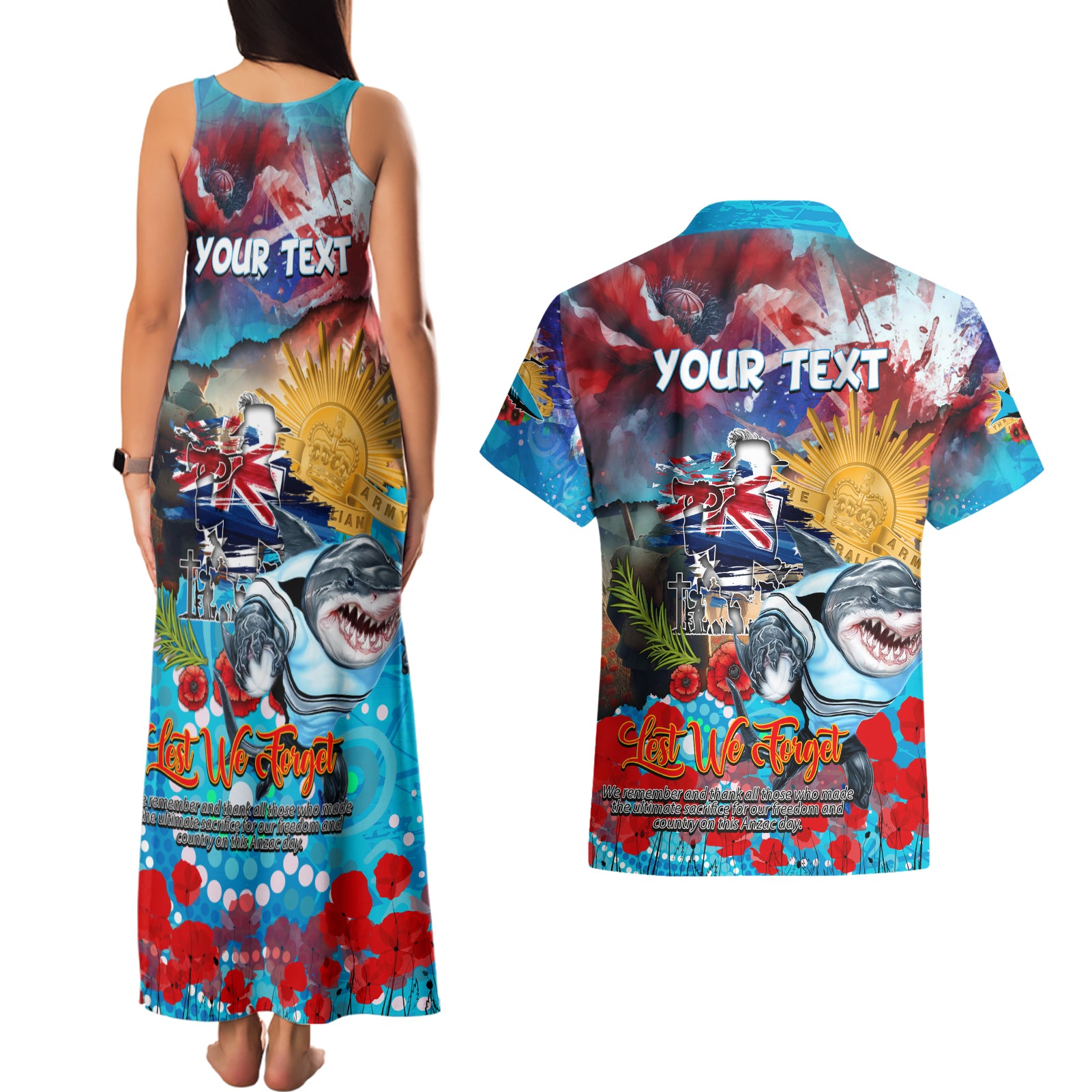 Personalised Australia Rugby Sharks ANZAC Couples Matching Tank Maxi Dress and Hawaiian Shirt Cronulla-Sutherland Scratch Style