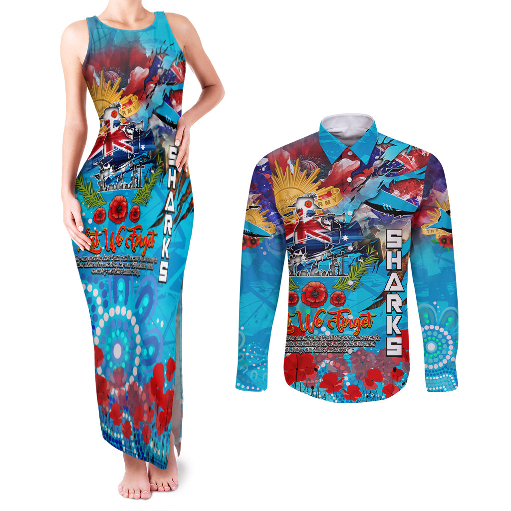 Personalised Australia Rugby Sharks ANZAC Couples Matching Tank Maxi Dress and Long Sleeve Button Shirt Cronulla-Sutherland Scratch Style