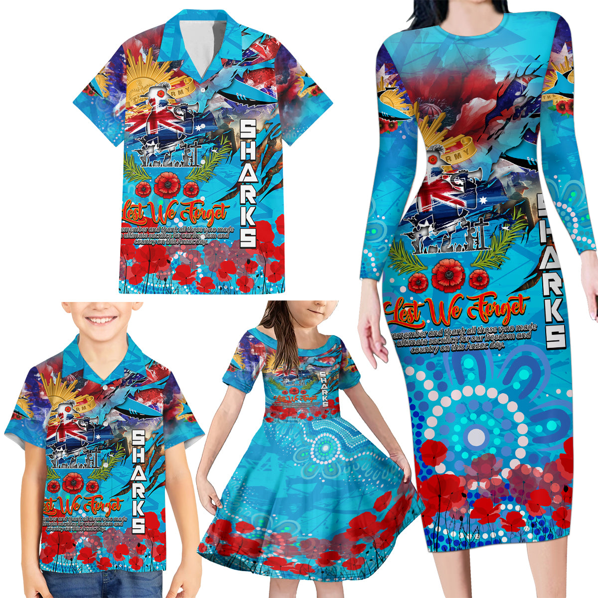 Personalised Australia Rugby Sharks ANZAC Family Matching Long Sleeve Bodycon Dress and Hawaiian Shirt Cronulla-Sutherland Scratch Style