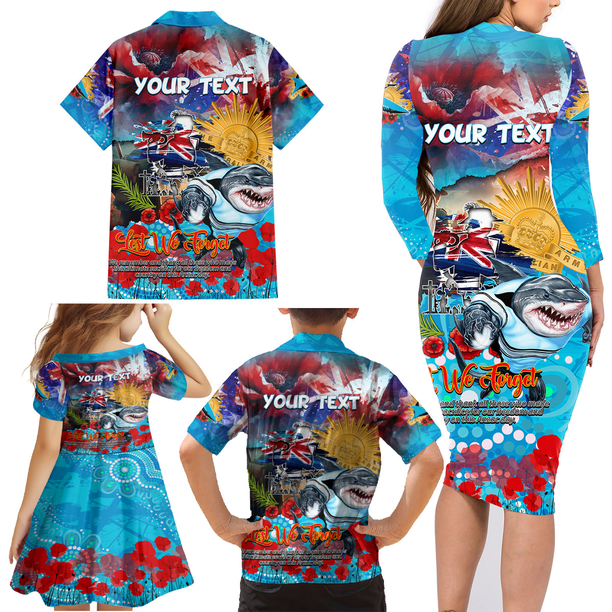 Personalised Australia Rugby Sharks ANZAC Family Matching Long Sleeve Bodycon Dress and Hawaiian Shirt Cronulla-Sutherland Scratch Style
