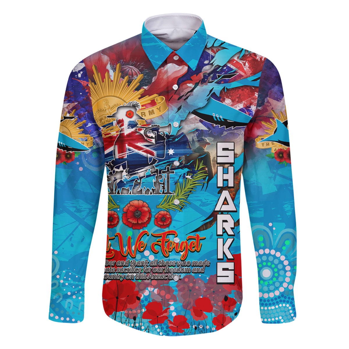 Personalised Australia Rugby Sharks ANZAC Family Matching Long Sleeve Bodycon Dress and Hawaiian Shirt Cronulla-Sutherland Scratch Style