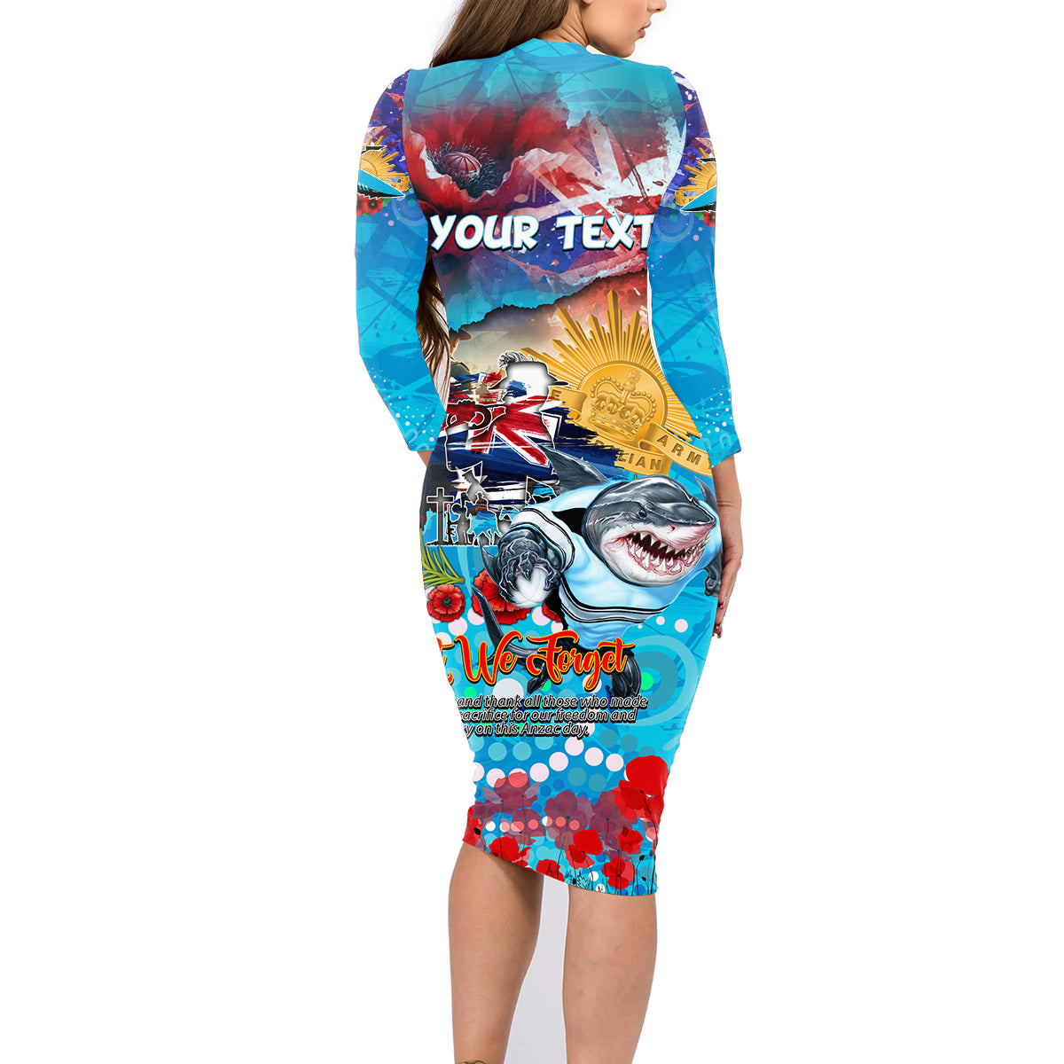 Personalised Australia Rugby Sharks ANZAC Family Matching Long Sleeve Bodycon Dress and Hawaiian Shirt Cronulla-Sutherland Scratch Style