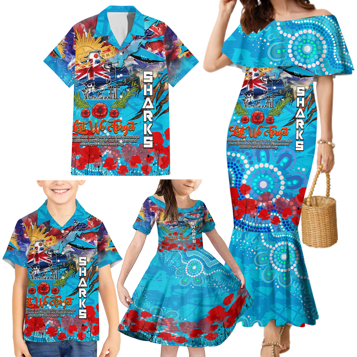 Personalised Australia Rugby Sharks ANZAC Family Matching Mermaid Dress and Hawaiian Shirt Cronulla-Sutherland Scratch Style