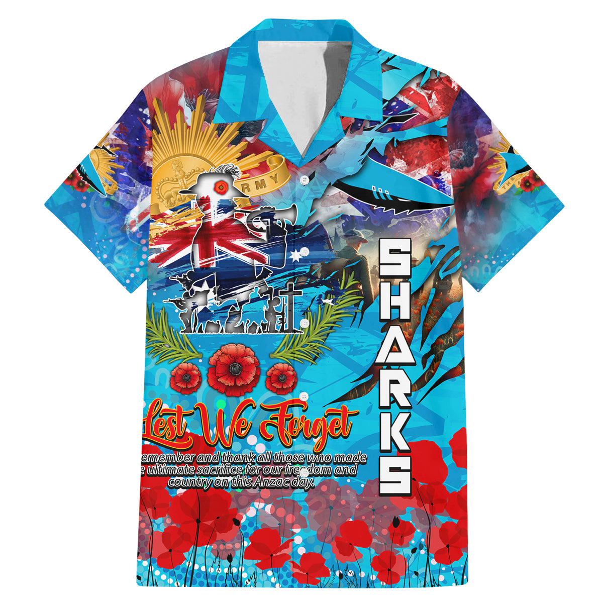 Personalised Australia Rugby Sharks ANZAC Family Matching Mermaid Dress and Hawaiian Shirt Cronulla-Sutherland Scratch Style