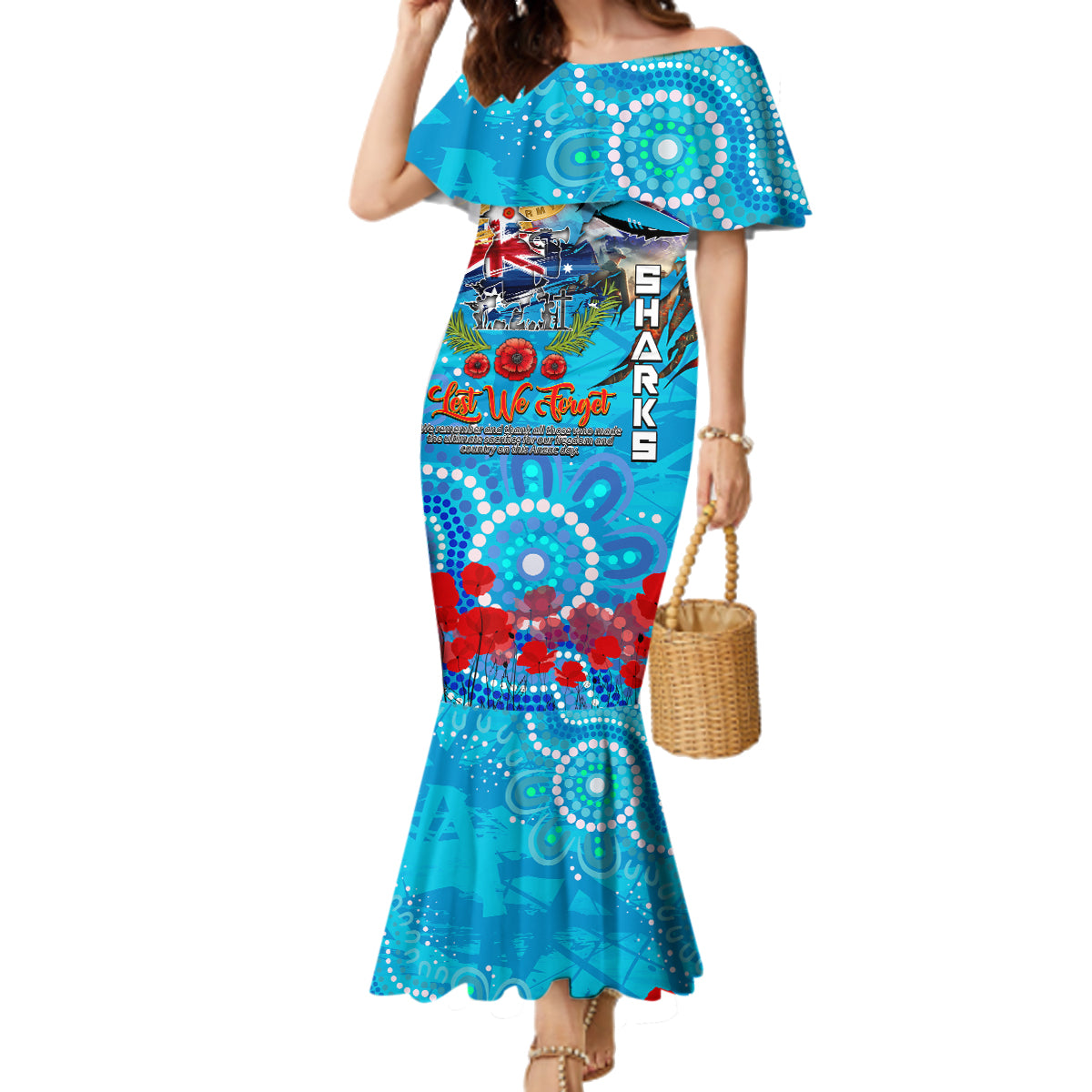 Personalised Australia Rugby Sharks ANZAC Family Matching Mermaid Dress and Hawaiian Shirt Cronulla-Sutherland Scratch Style
