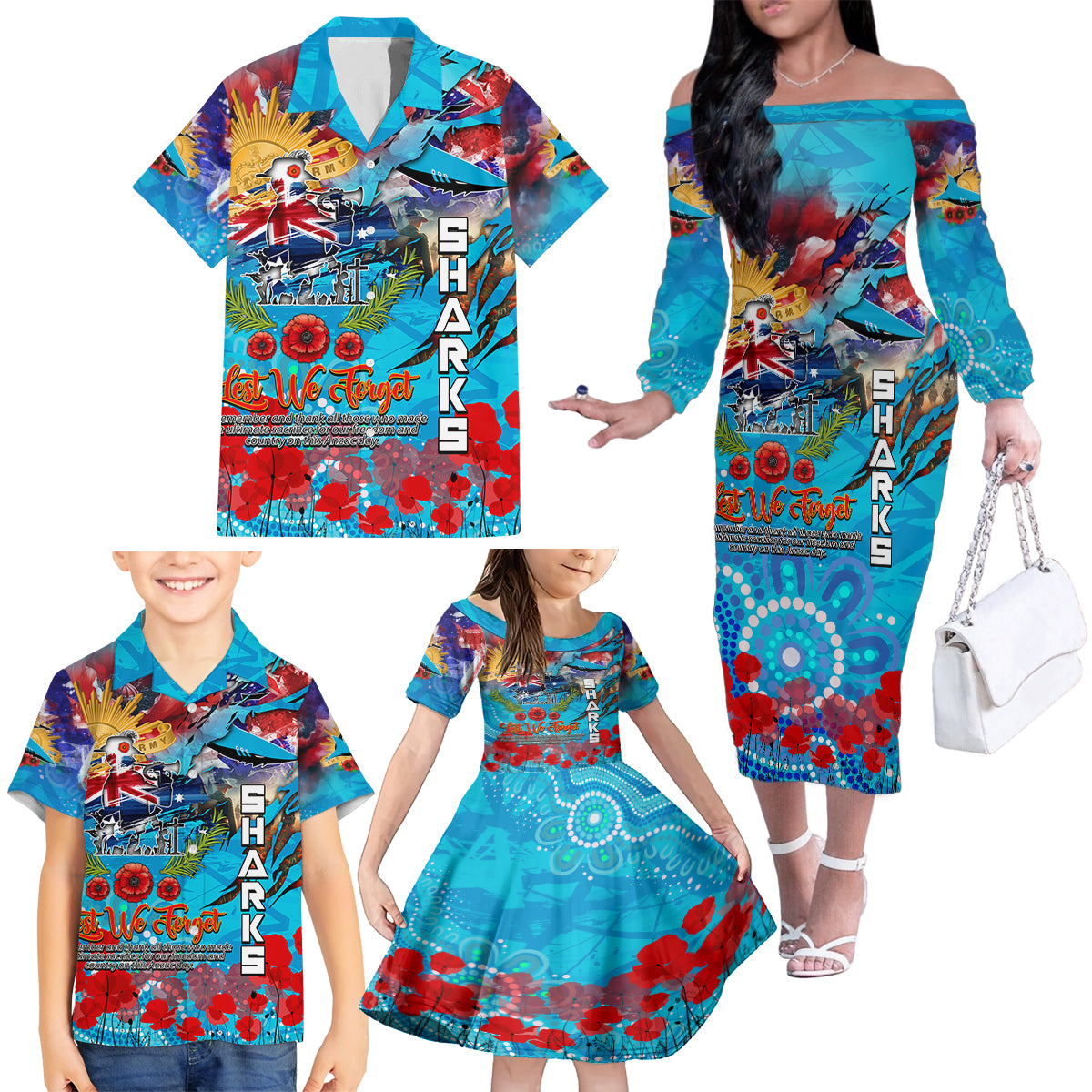 Personalised Australia Rugby Sharks ANZAC Family Matching Off The Shoulder Long Sleeve Dress and Hawaiian Shirt Cronulla-Sutherland Scratch Style