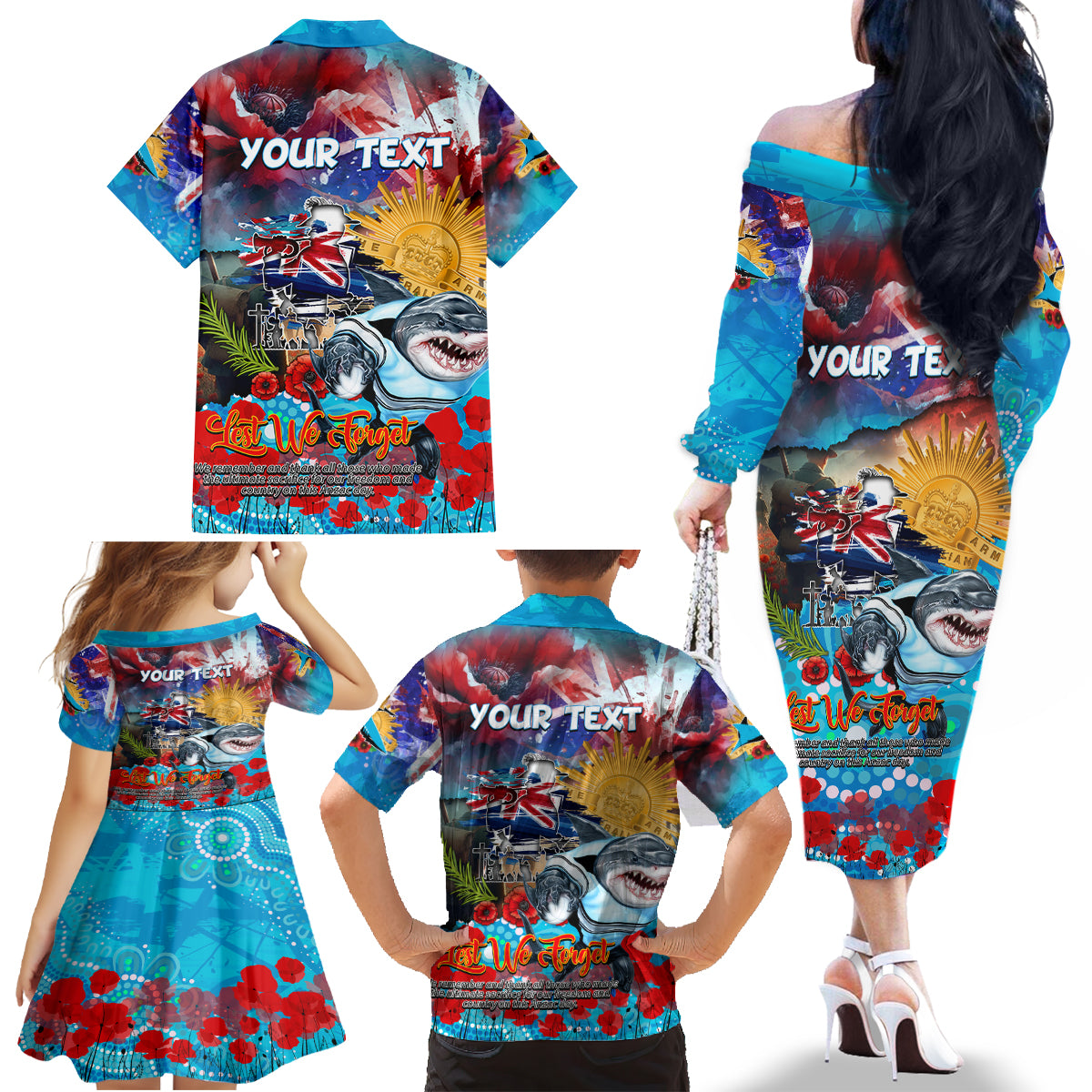 Personalised Australia Rugby Sharks ANZAC Family Matching Off The Shoulder Long Sleeve Dress and Hawaiian Shirt Cronulla-Sutherland Scratch Style