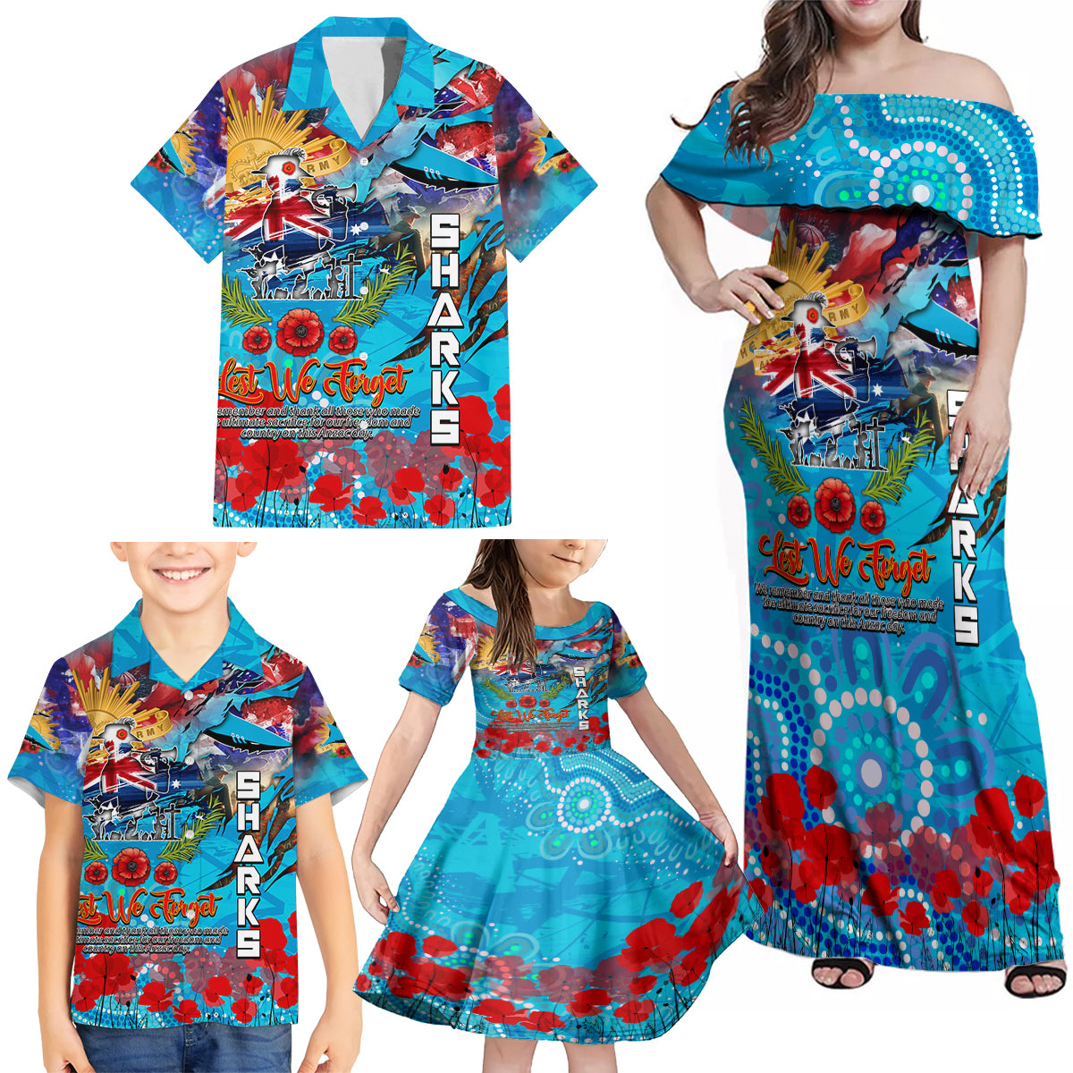 Personalised Australia Rugby Sharks ANZAC Family Matching Off Shoulder Maxi Dress and Hawaiian Shirt Cronulla-Sutherland Scratch Style