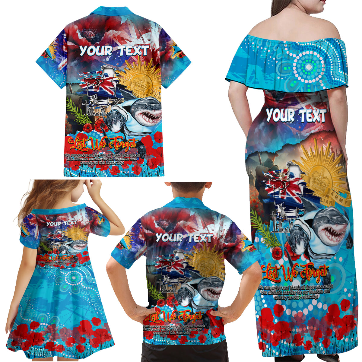 Personalised Australia Rugby Sharks ANZAC Family Matching Off Shoulder Maxi Dress and Hawaiian Shirt Cronulla-Sutherland Scratch Style