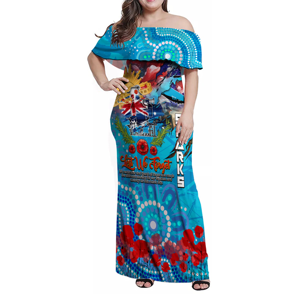 Personalised Australia Rugby Sharks ANZAC Family Matching Off Shoulder Maxi Dress and Hawaiian Shirt Cronulla-Sutherland Scratch Style