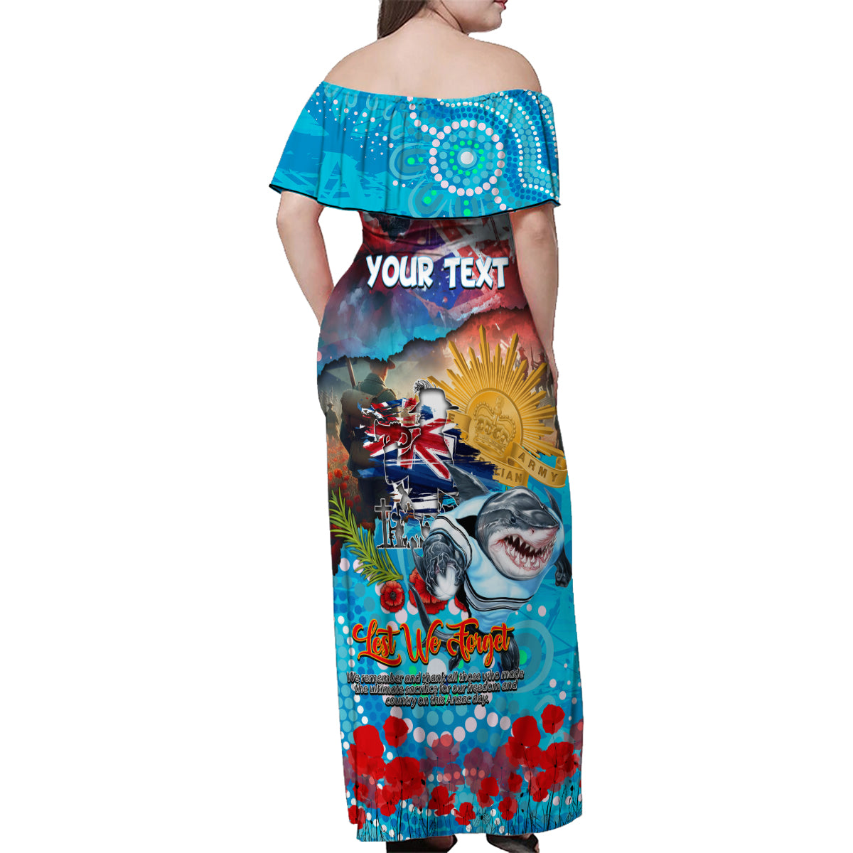 Personalised Australia Rugby Sharks ANZAC Family Matching Off Shoulder Maxi Dress and Hawaiian Shirt Cronulla-Sutherland Scratch Style