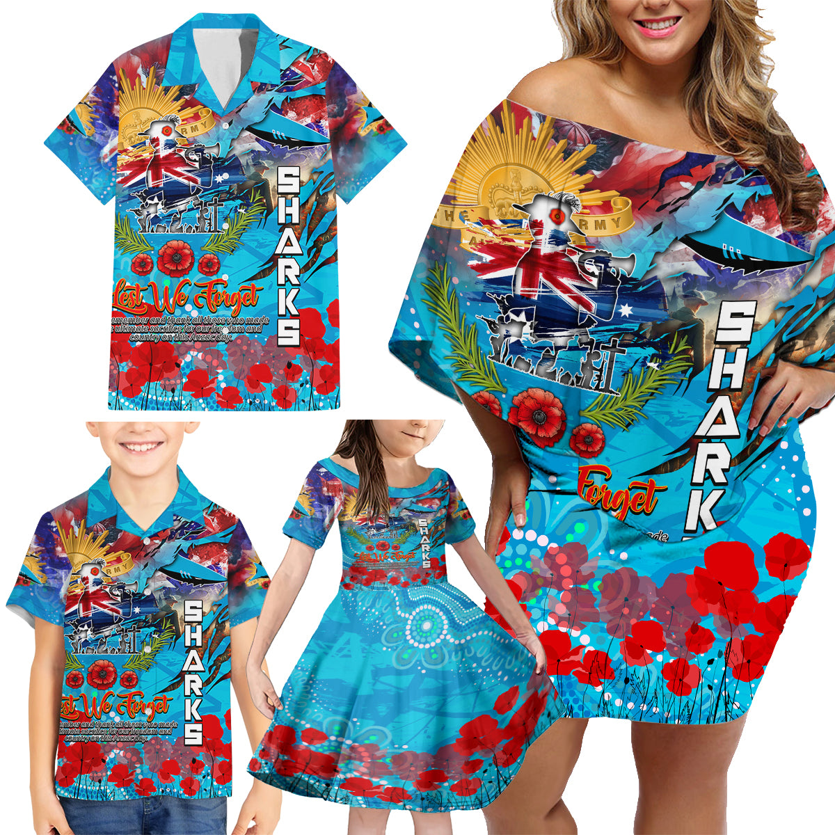Personalised Australia Rugby Sharks ANZAC Family Matching Off Shoulder Short Dress and Hawaiian Shirt Cronulla-Sutherland Scratch Style