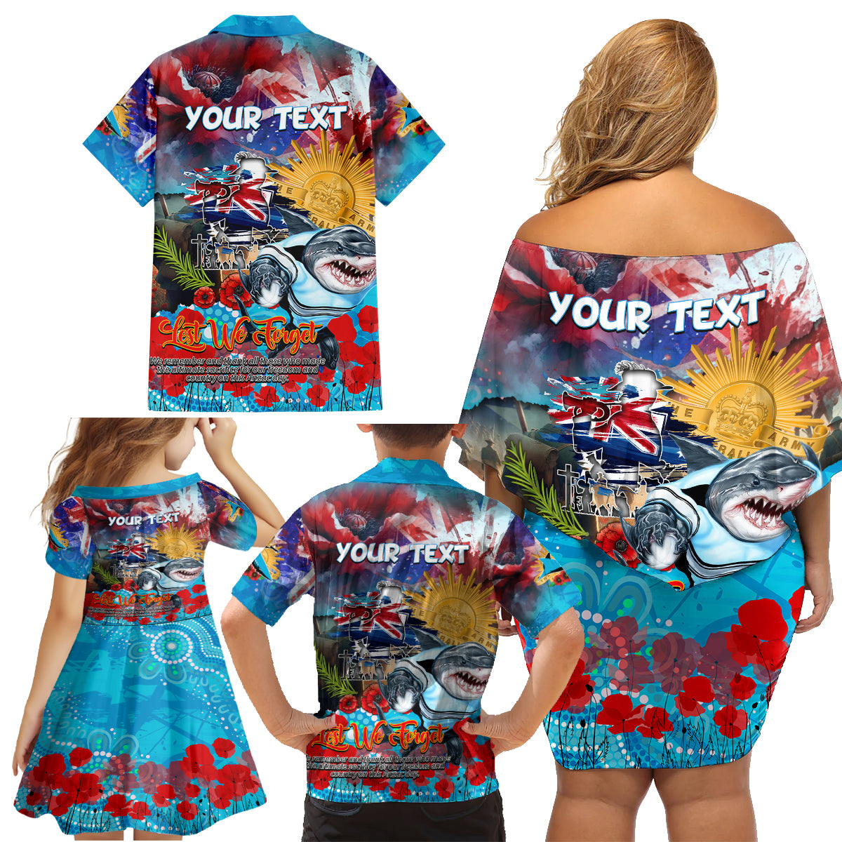 Personalised Australia Rugby Sharks ANZAC Family Matching Off Shoulder Short Dress and Hawaiian Shirt Cronulla-Sutherland Scratch Style