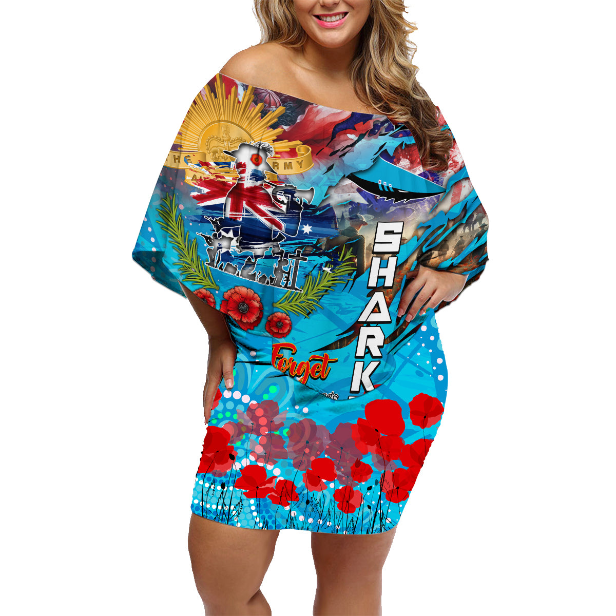 Personalised Australia Rugby Sharks ANZAC Family Matching Off Shoulder Short Dress and Hawaiian Shirt Cronulla-Sutherland Scratch Style